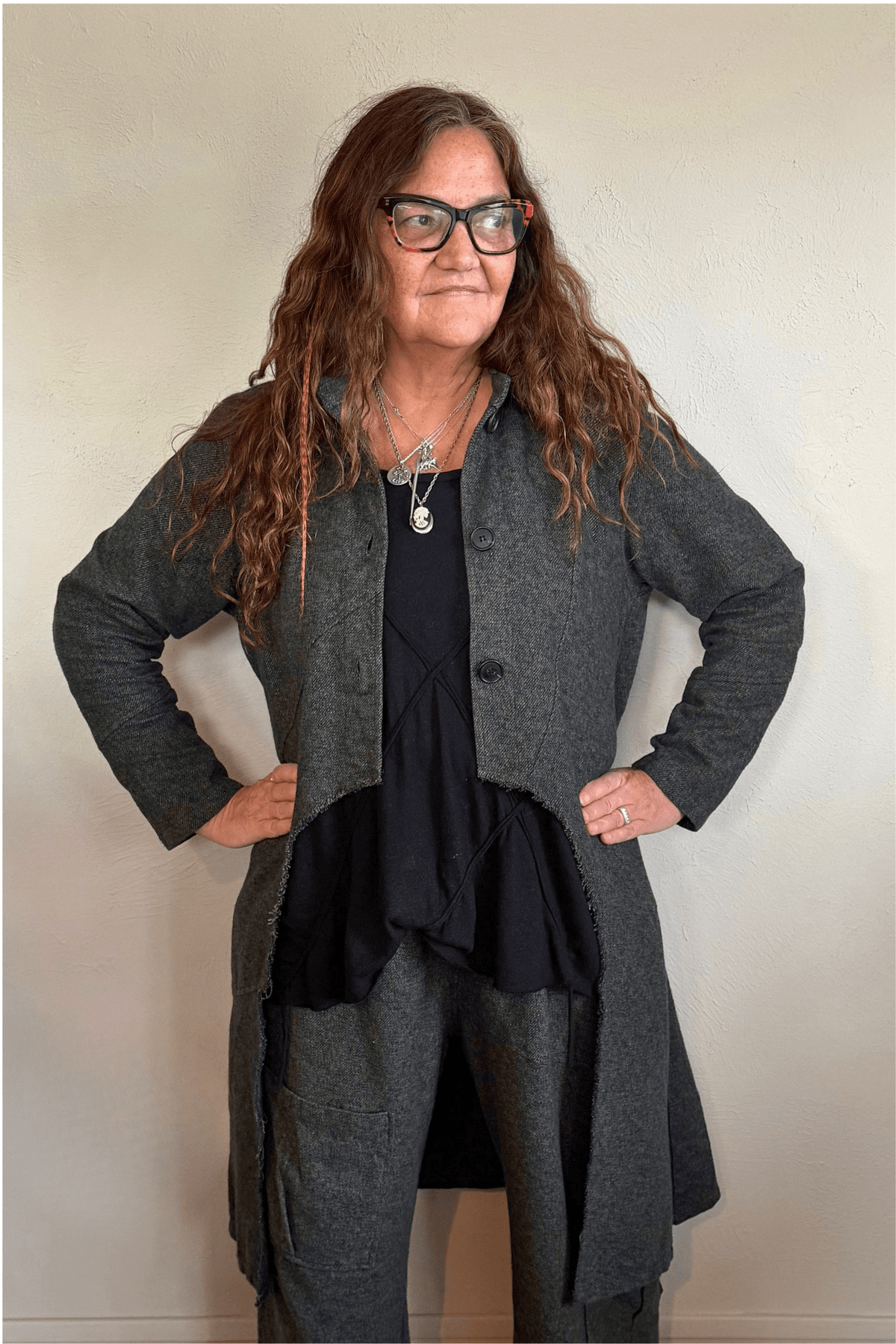 Bodil Collection AN2345 Long Tweed Jacket in charcoal grey showing front, side, and back views