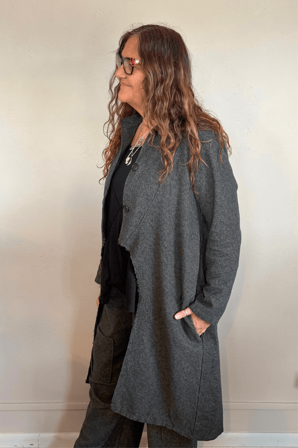 Bodil Collection AN2345 Long Tweed Jacket in charcoal grey showing front, side, and back views