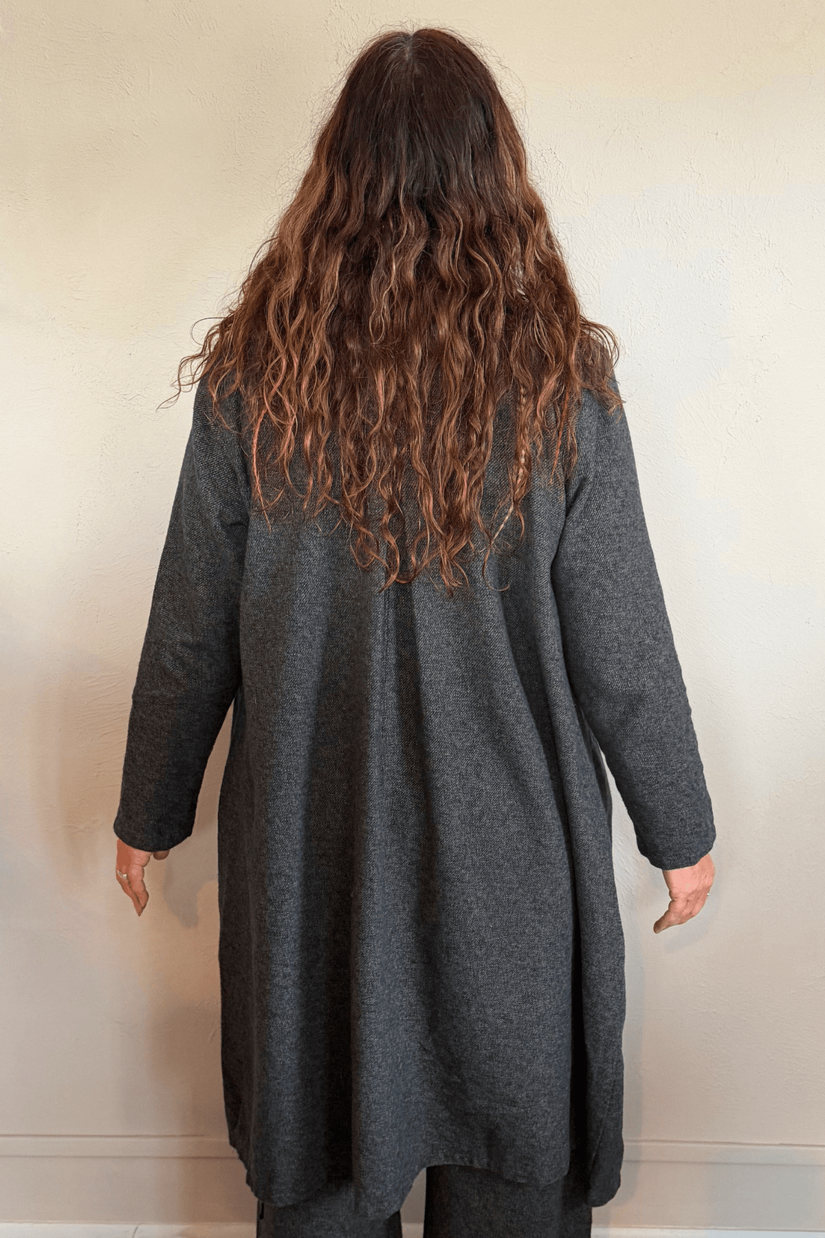 Bodil Collection AN2345 Long Tweed Jacket in charcoal grey showing front, side, and back views
