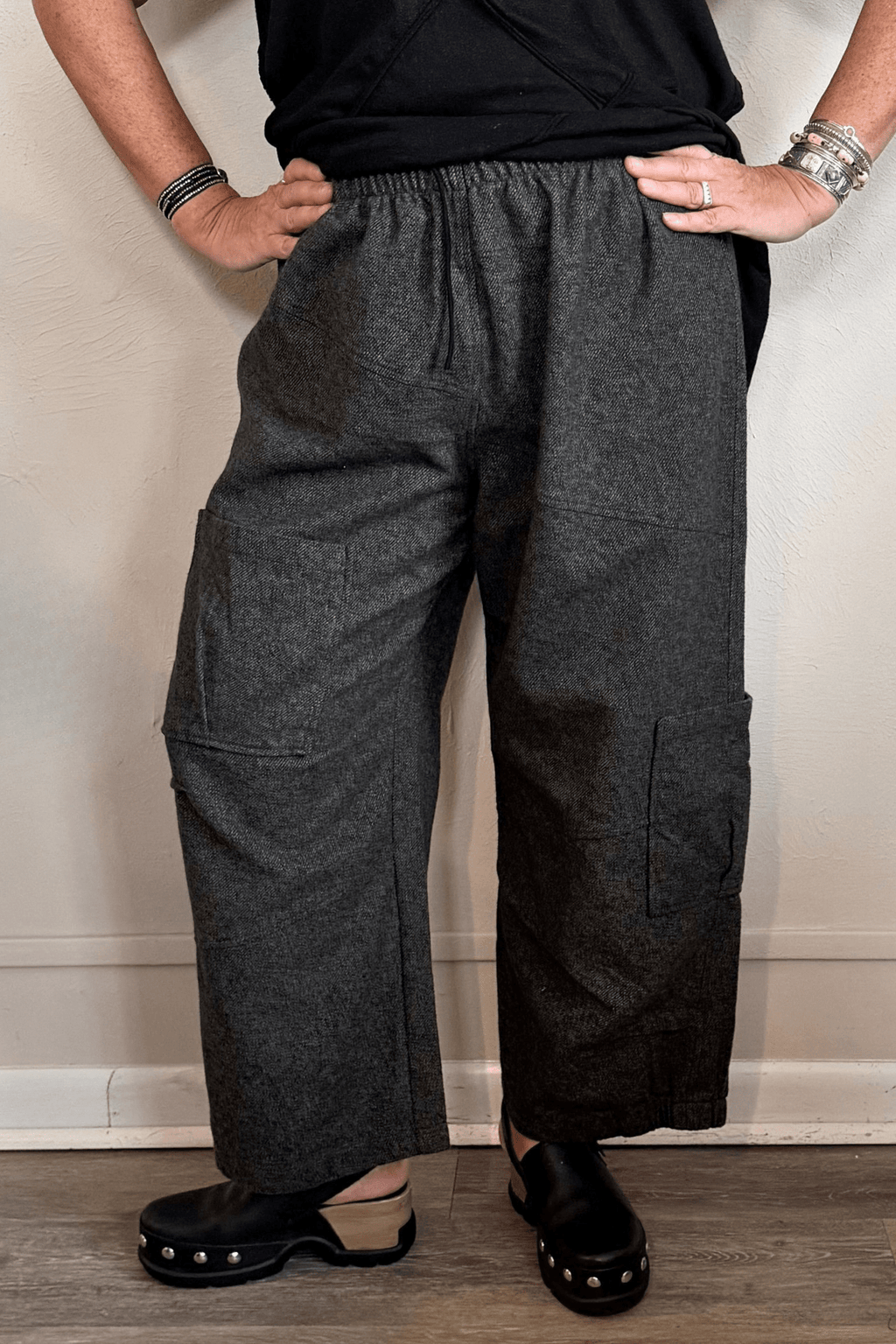 Bodil Collection AN2216 Tweed Pant in charcoal grey with asymmetrical cargo-style patch pockets, front side and back views