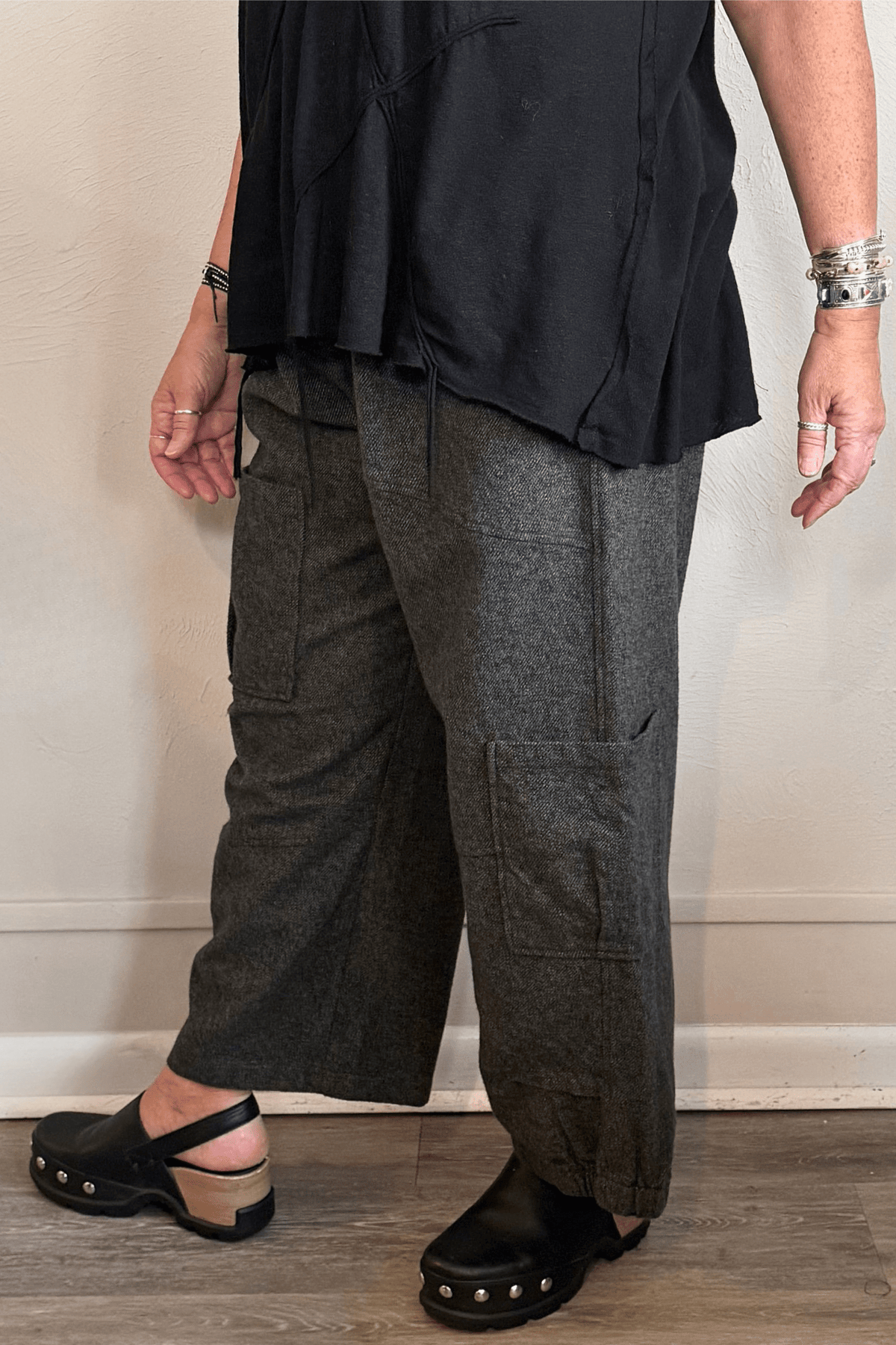 Bodil Collection AN2216 Tweed Pant in charcoal grey with asymmetrical cargo-style patch pockets, front side and back views