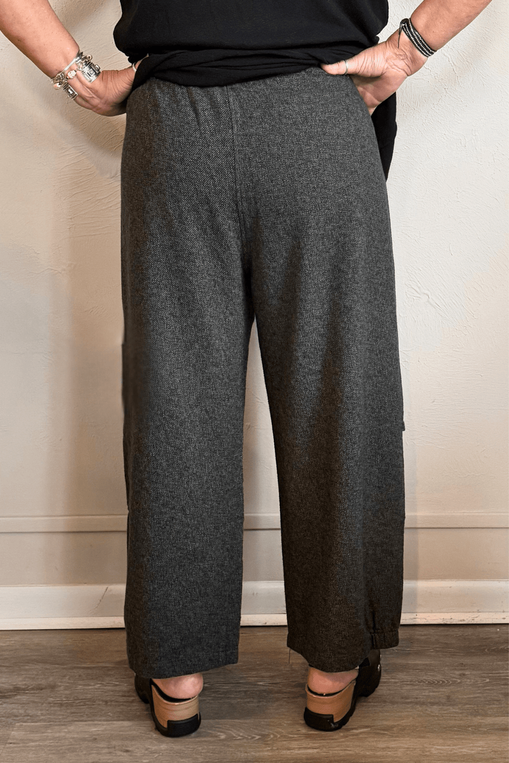 Bodil Collection AN2216 Tweed Pant in charcoal grey with asymmetrical cargo-style patch pockets, front side and back views