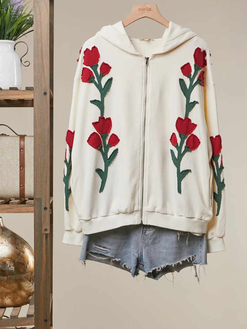 Floral Embroidered Zip Hoodie
