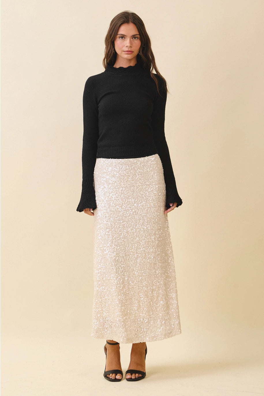 AEMI & Company high-waist sequin maxi skirt in Black and Ivory, front and alternate views