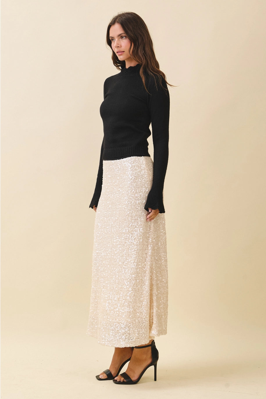 AEMI & Company high-waist sequin maxi skirt in Black and Ivory, front and alternate views