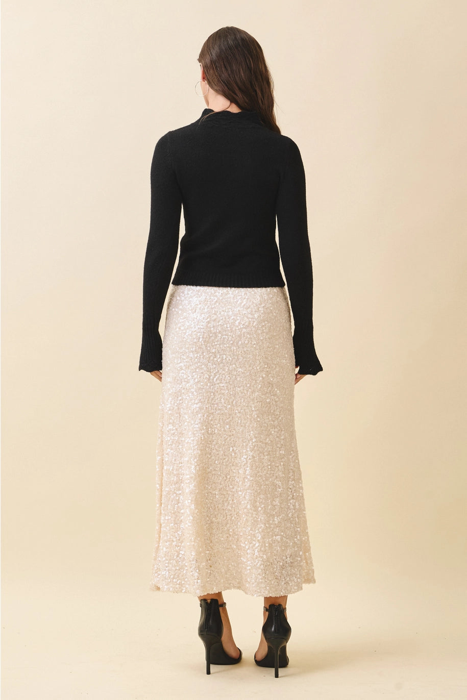 AEMI & Company high-waist sequin maxi skirt in Black and Ivory, front and alternate views