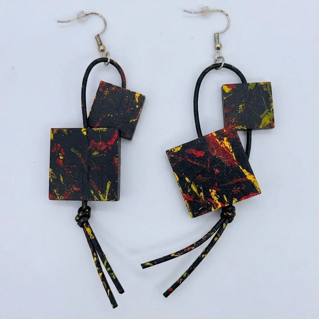 Wooden Statement Earrings by Jianhui with offset wooden squares on leatherette loops