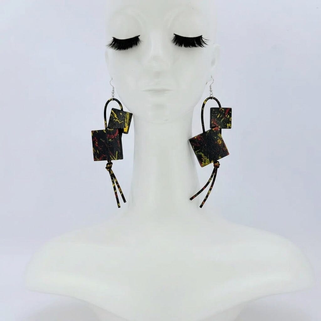 Wooden Statement Earrings by Jianhui with offset wooden squares on leatherette loops