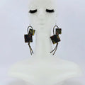 Wooden Statement Earrings by Jianhui with offset wooden squares on leatherette loops