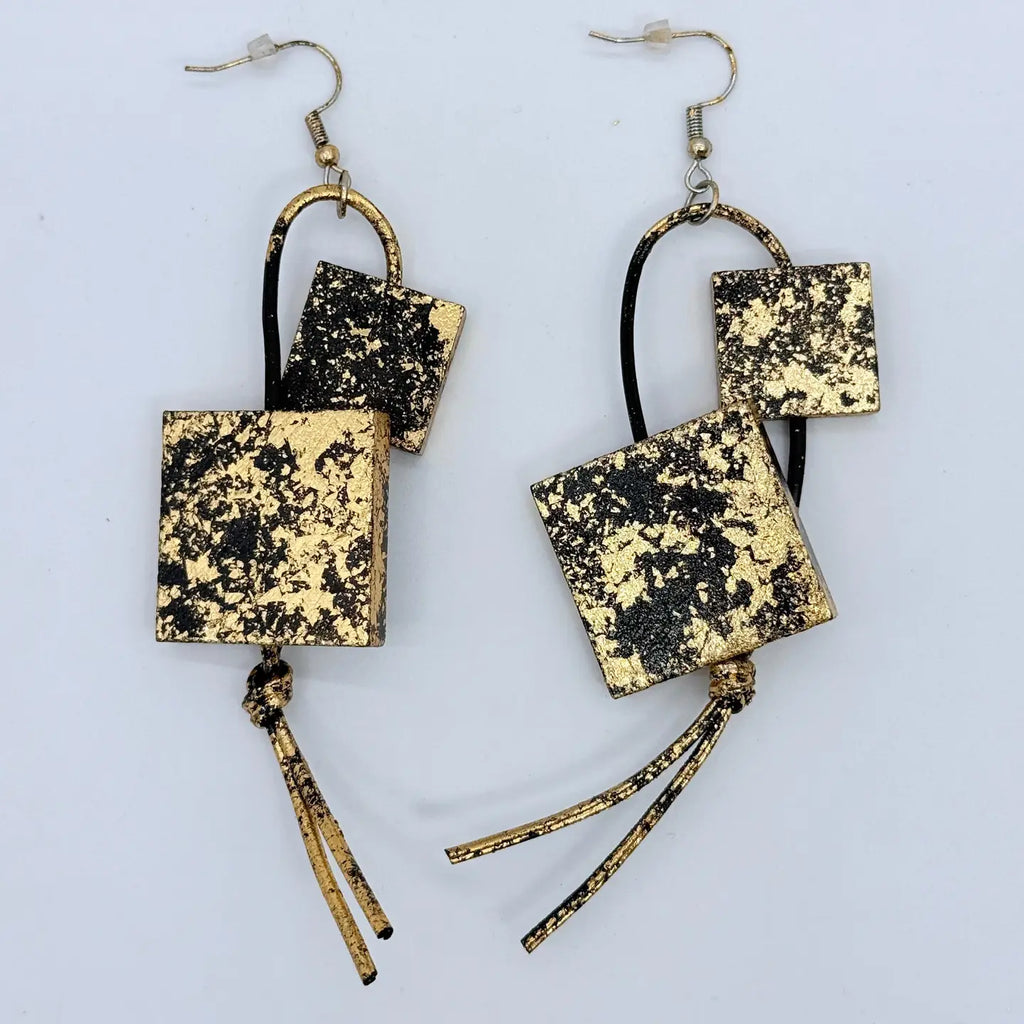 Wooden Statement Earrings by Jianhui with offset wooden squares on leatherette loops