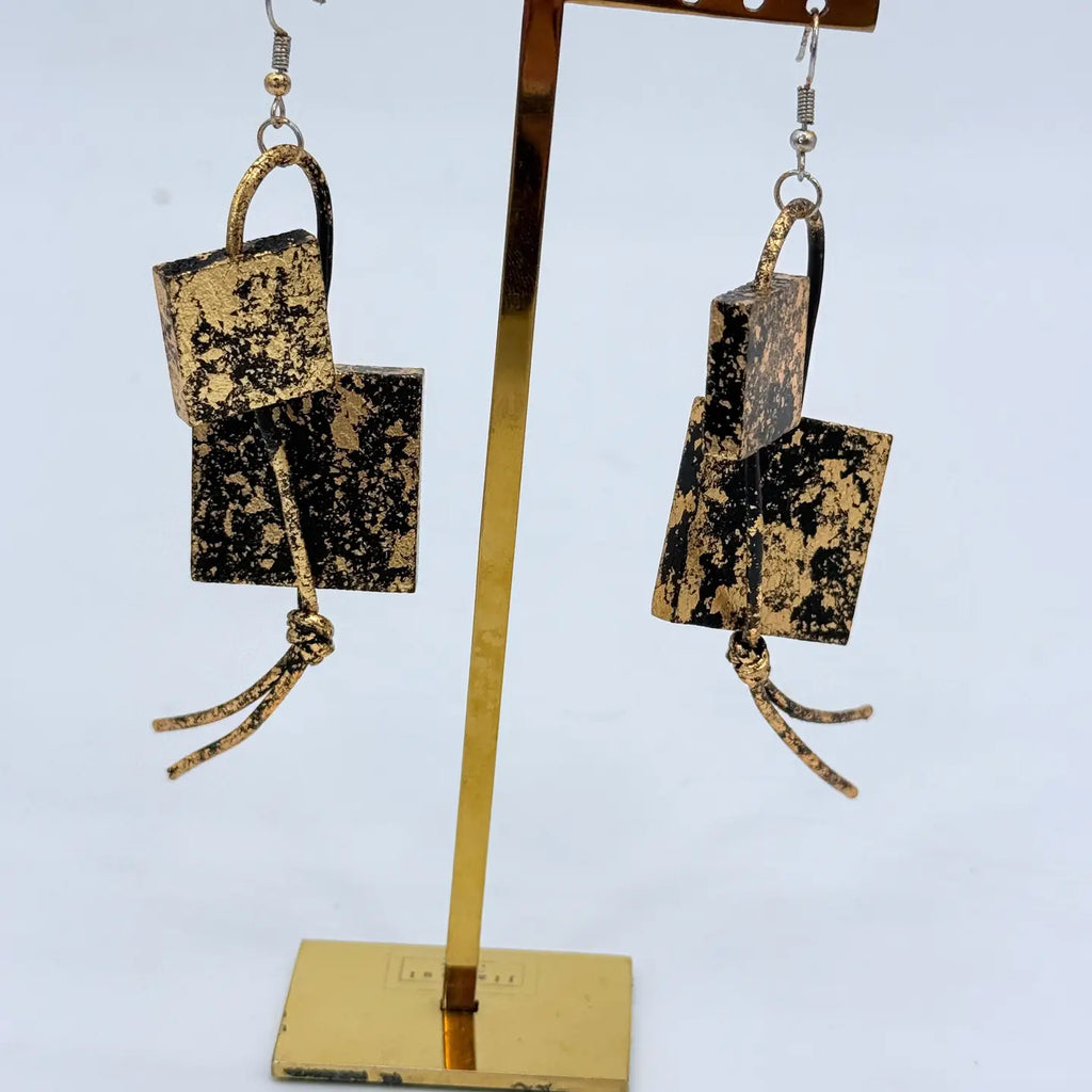 Wooden Statement Earrings by Jianhui with offset wooden squares on leatherette loops
