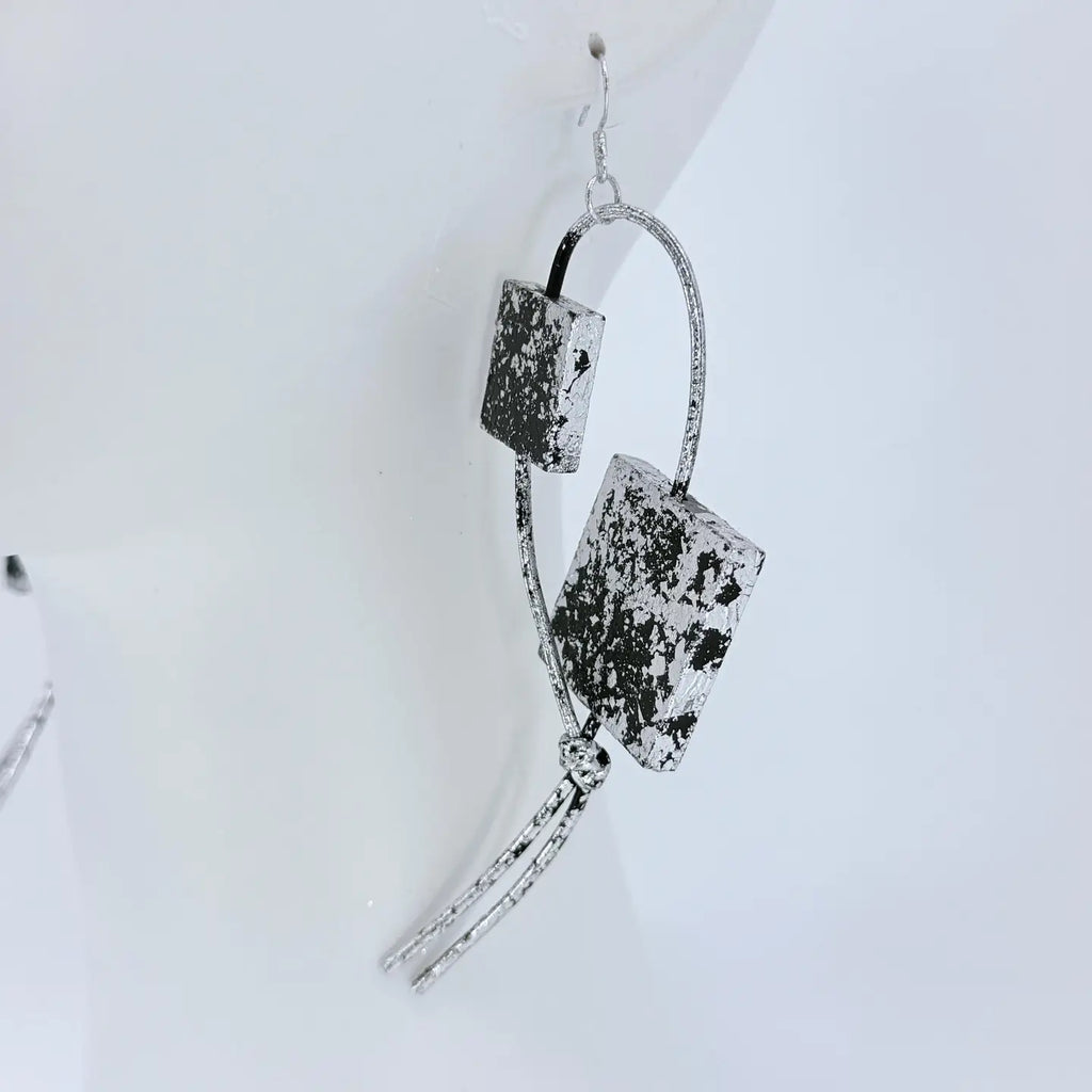 Wooden Statement Earrings by Jianhui with offset wooden squares on leatherette loops