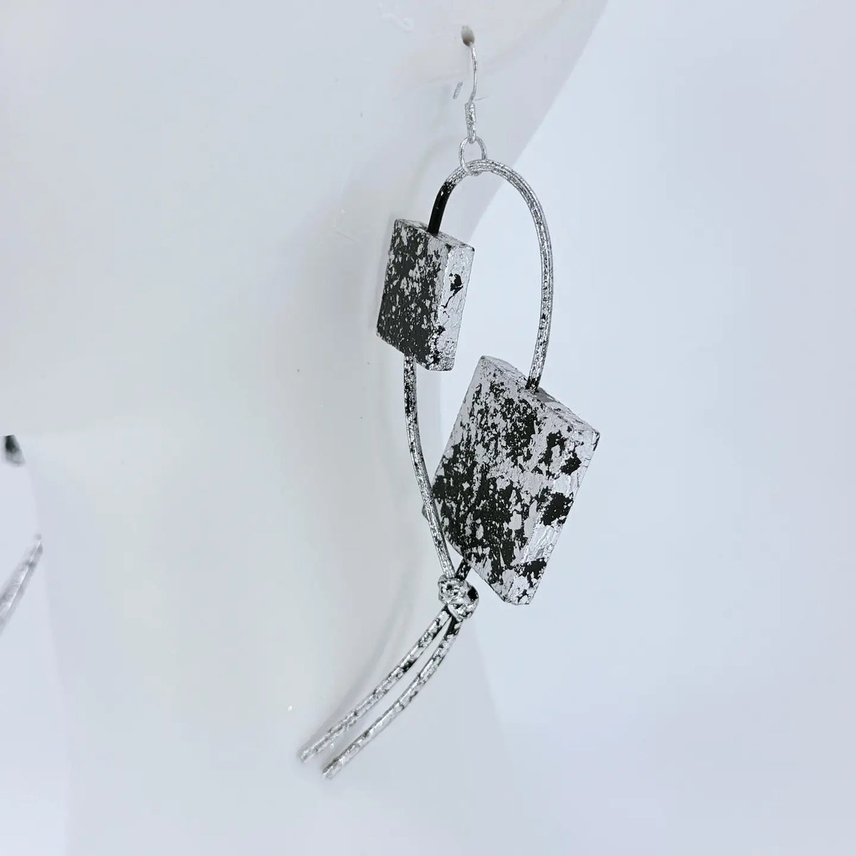 Wooden Statement Earrings by Jianhui with offset wooden squares on leatherette loops
