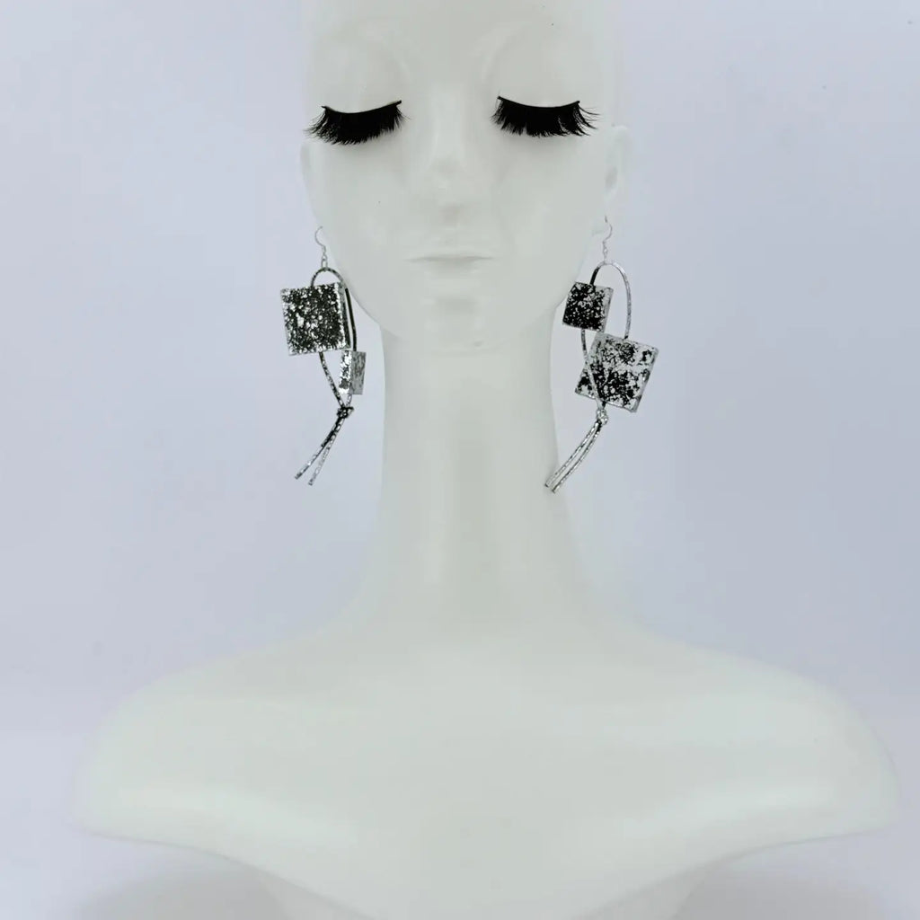 Wooden Statement Earrings by Jianhui with offset wooden squares on leatherette loops